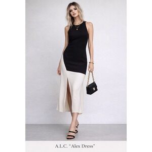 ALC Alex Dress Black Cream Colorblock Silk Blend Slit Midi Modern Sleek 12